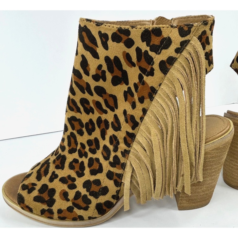 Very Volatile Bootie Open Toe Fringe Women 9‎ Tan Leopard Cougar HOT A+